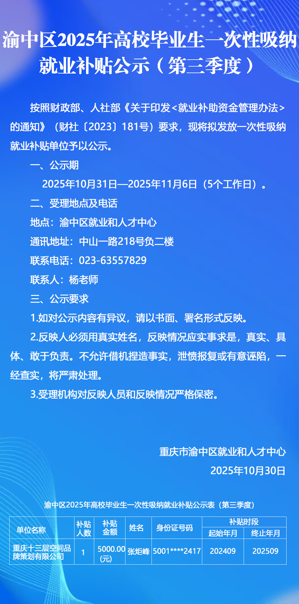 渝中区2025年高校毕业生一次性吸纳就业补贴公示（第三季度）.jpg